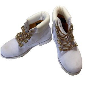 Rare Timberland White Leather Round Toe Gold Chain Lace Boots Men's Size 7